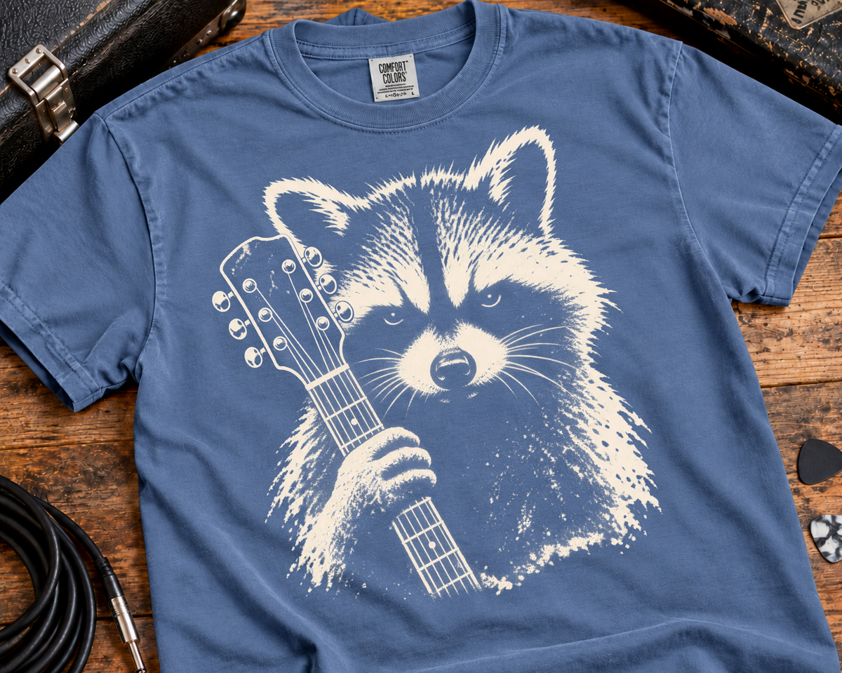 Rock Raccoon Guitar T-Shirt, Vintage Distressed Music Tee, Retro Guitarist Shirt, Comfort Colors 1717, Rock Music Lover Gift Garment-Dyed