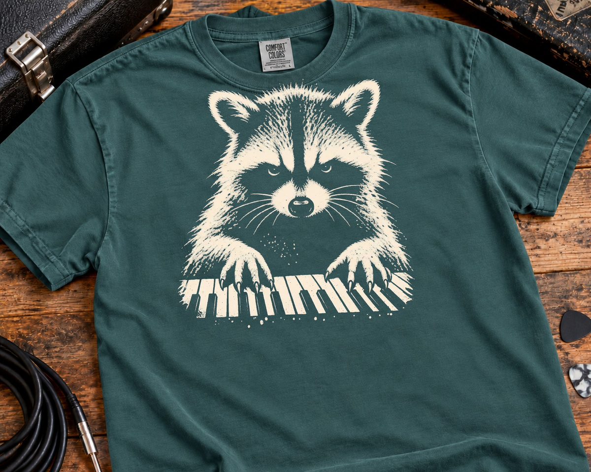 Raccoon Keyboard Player Garment-Dyed T-Shirt | Vintage Musician Graphic Tee