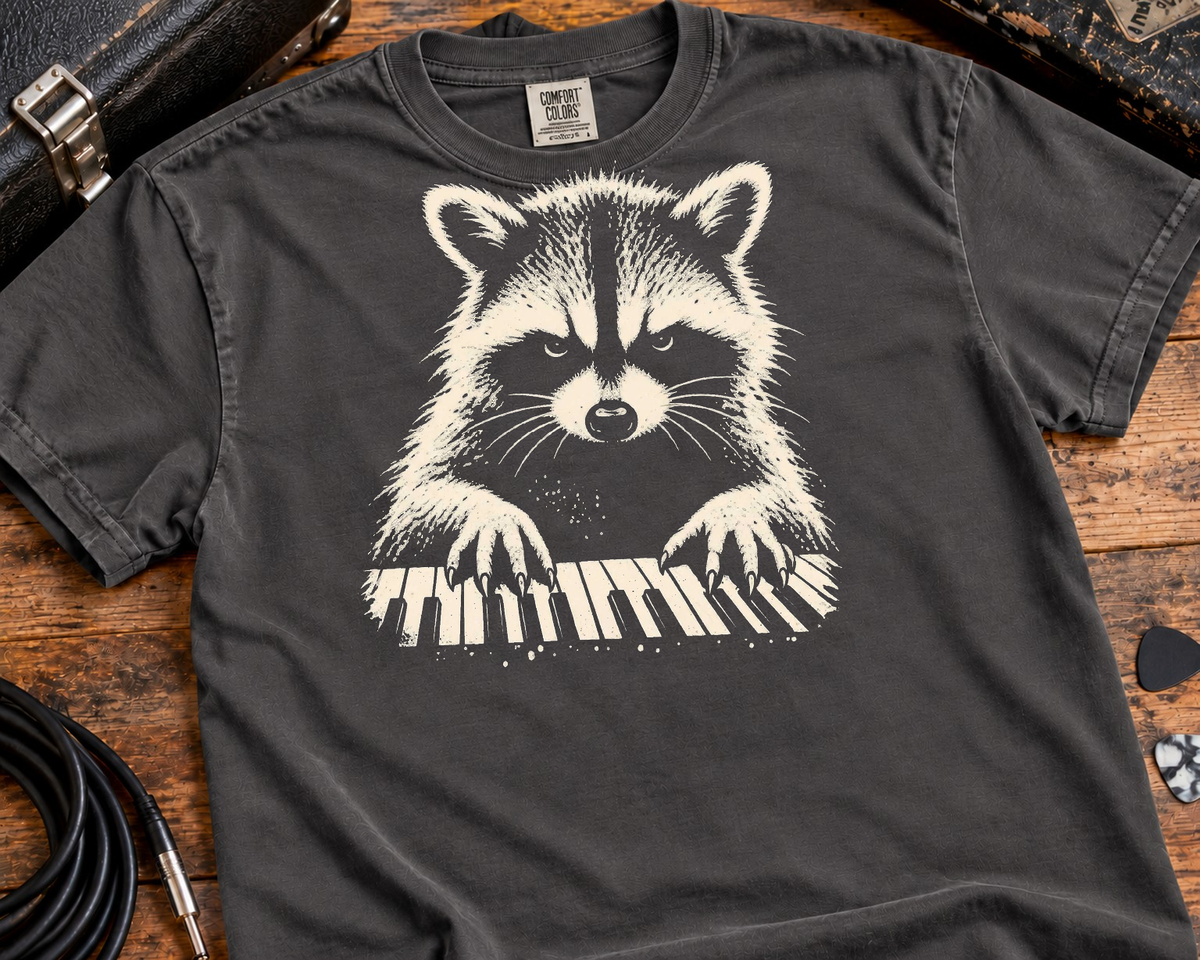 Raccoon Keyboard Player Garment-Dyed T-Shirt | Vintage Musician Graphic Tee