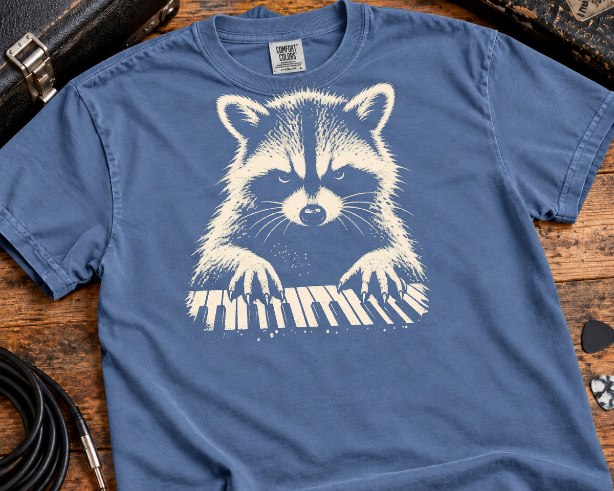 Raccoon Keyboard Player Garment-Dyed T-Shirt | Vintage Musician Graphic Tee