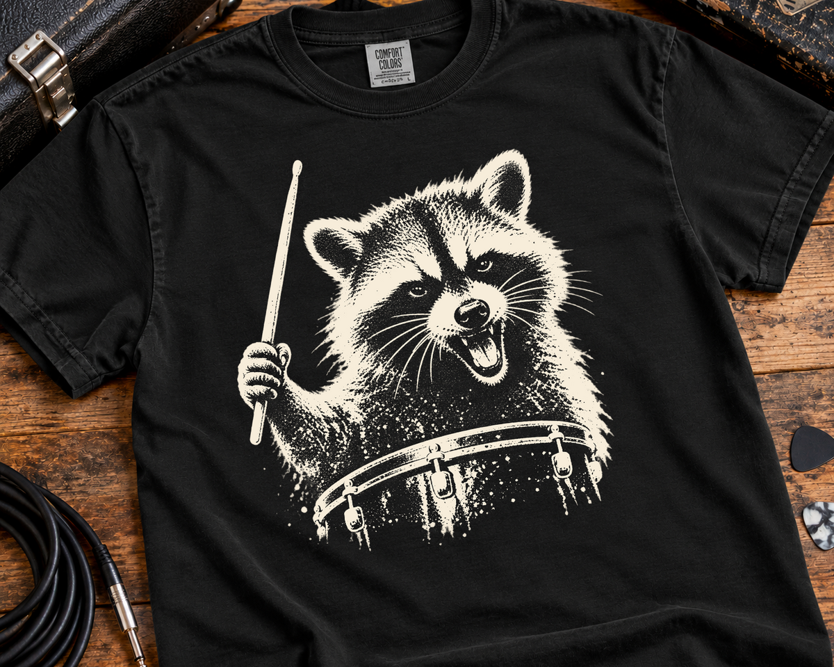 Raccoon Drummer Garment-Dyed T-Shirt | Vintage Rock Music Graphic Tee