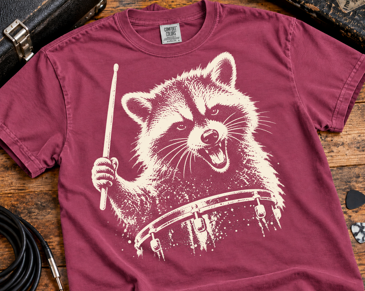 Raccoon Drummer Garment-Dyed T-Shirt | Vintage Rock Music Graphic Tee