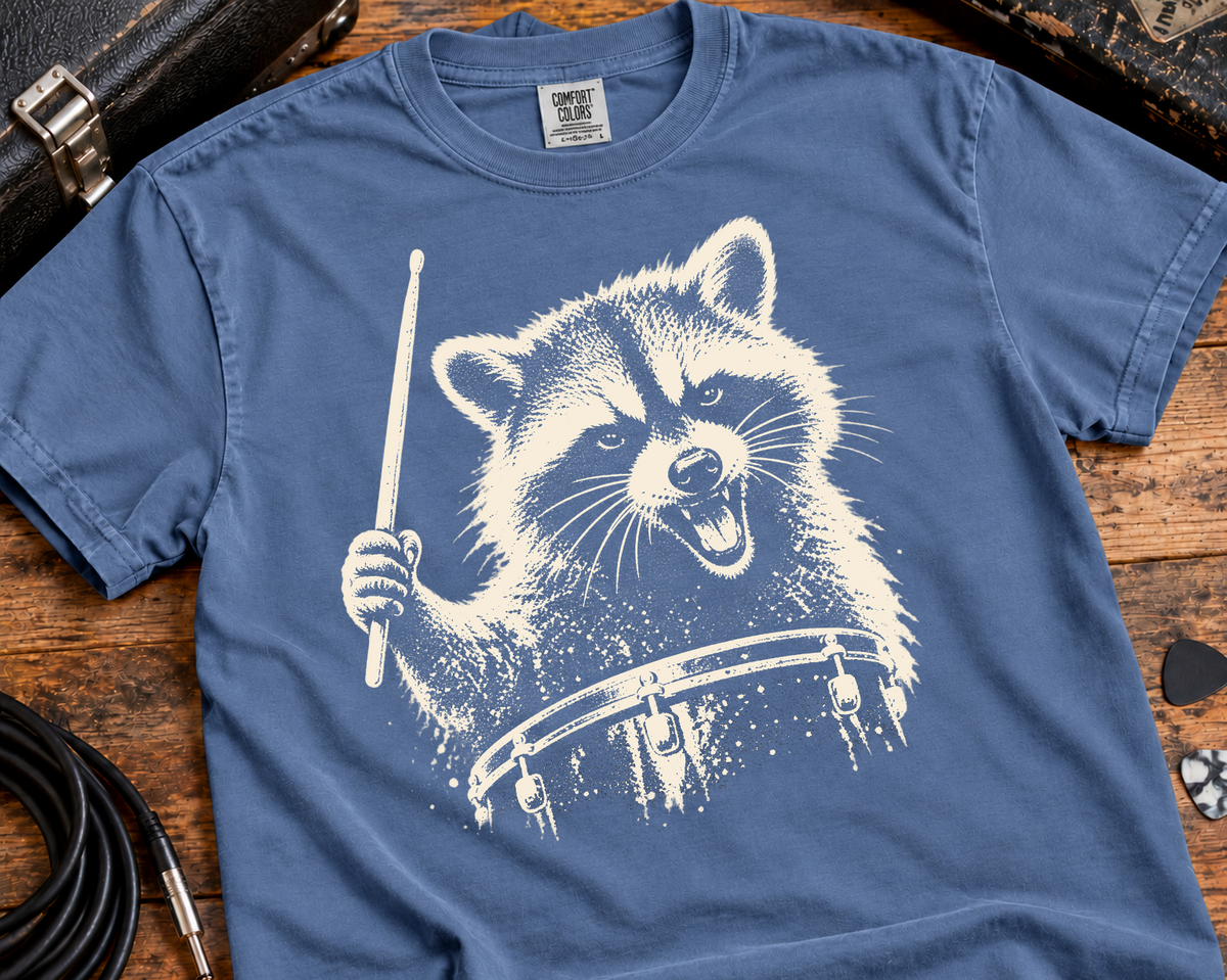Raccoon Drummer Garment-Dyed T-Shirt | Vintage Rock Music Graphic Tee