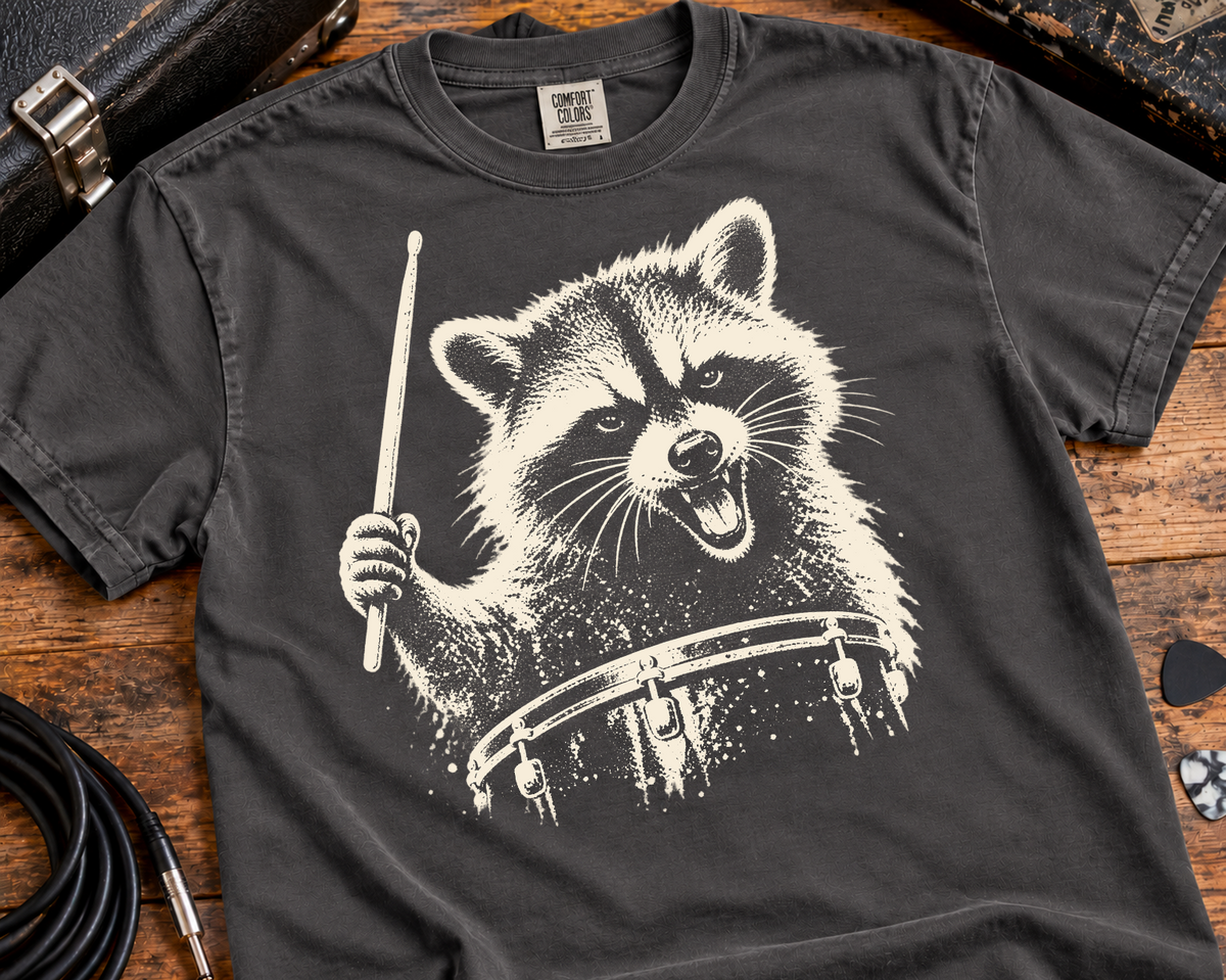 Raccoon Drummer Garment-Dyed T-Shirt | Vintage Rock Music Graphic Tee