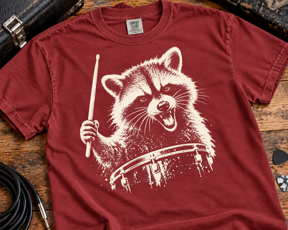 Raccoon Drummer Garment-Dyed T-Shirt | Vintage Rock Music Graphic Tee