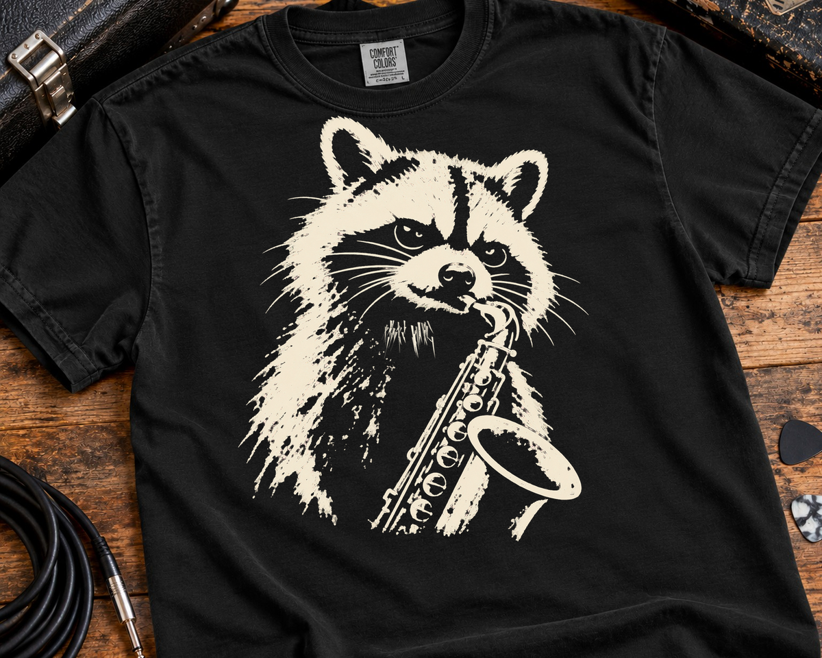 Raccoon Saxophone Player Garment-Dyed T-Shirt | Vintage Jazz Music Graphic Tee