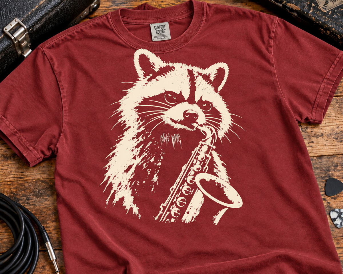 Raccoon Saxophone Player Garment-Dyed T-Shirt | Vintage Jazz Music Graphic Tee
