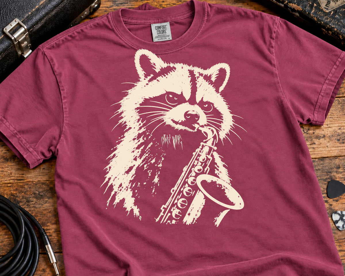 Raccoon Saxophone Player Garment-Dyed T-Shirt | Vintage Jazz Music Graphic Tee