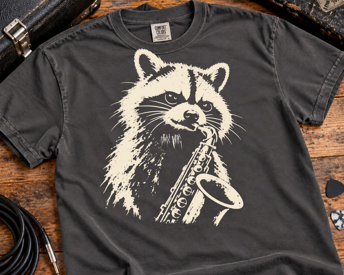 Raccoon Saxophone Player Garment-Dyed T-Shirt | Vintage Jazz Music Graphic Tee