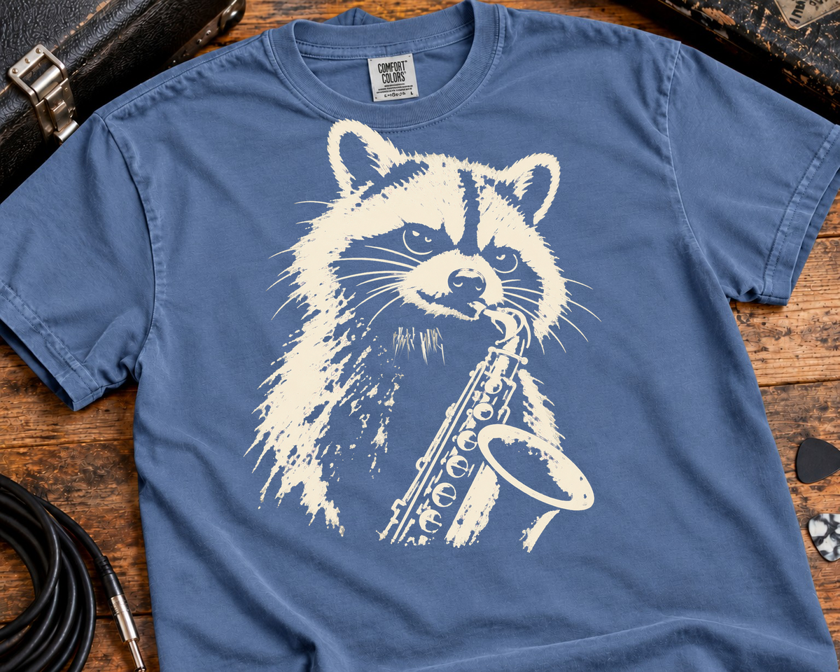 Raccoon Saxophone Player Garment-Dyed T-Shirt | Vintage Jazz Music Graphic Tee
