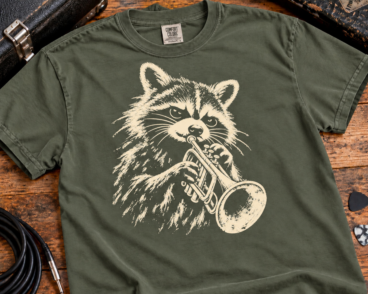 Raccoon Trumpet Player Garment-Dyed T-Shirt | Vintage Jazz Music Graphic Tee