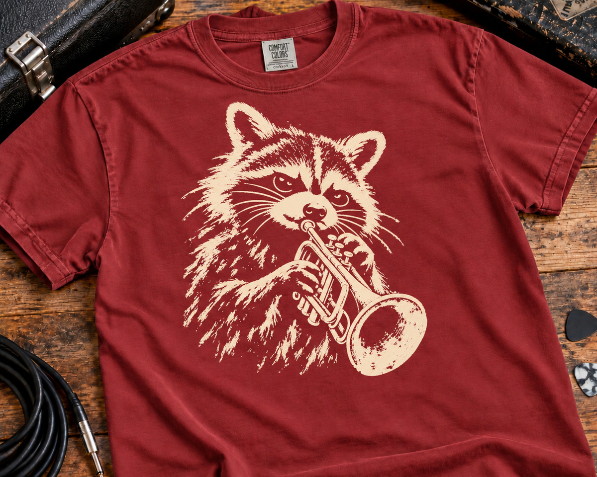 Raccoon Trumpet Player Garment-Dyed T-Shirt | Vintage Jazz Music Graphic Tee