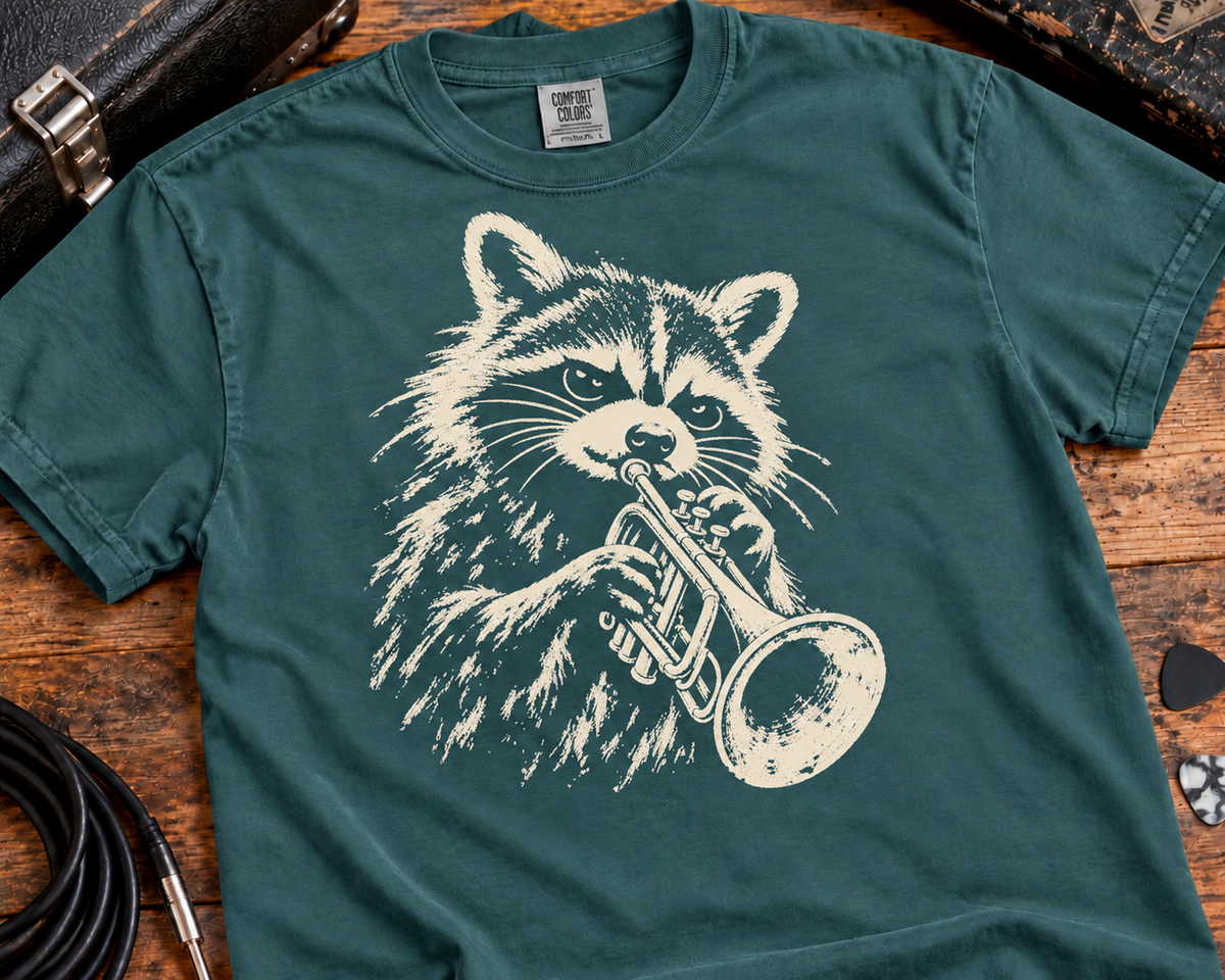 Raccoon Trumpet Player Garment-Dyed T-Shirt | Vintage Jazz Music Graphic Tee