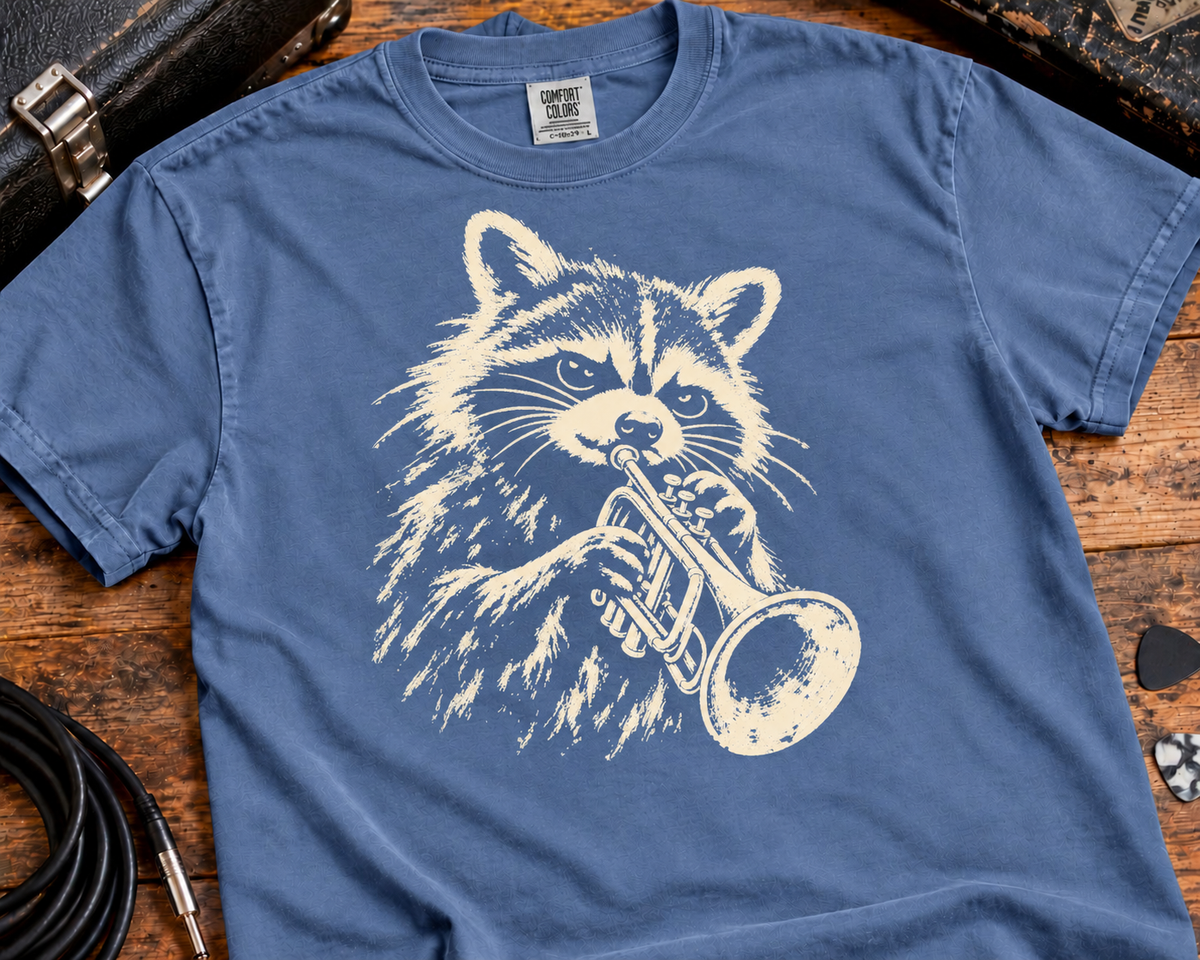 Raccoon Trumpet Player Garment-Dyed T-Shirt | Vintage Jazz Music Graphic Tee