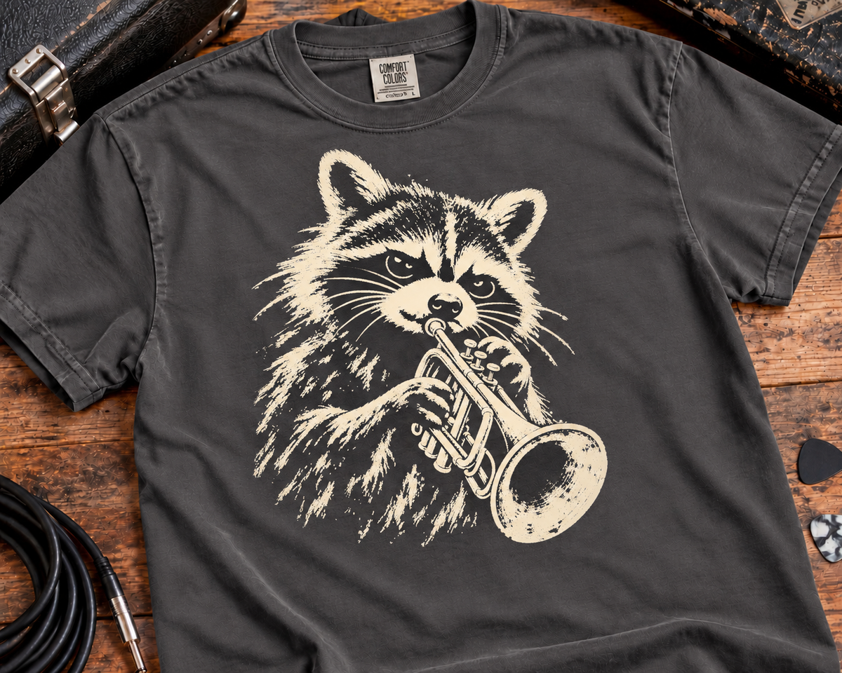 Raccoon Trumpet Player Garment-Dyed T-Shirt | Vintage Jazz Music Graphic Tee