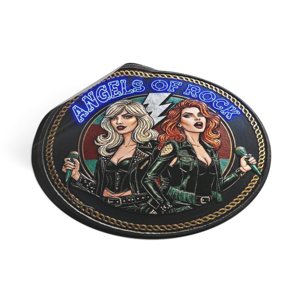 Angels of Rock Round Vinyl Sticker — Retro Female Rock Duo Design
