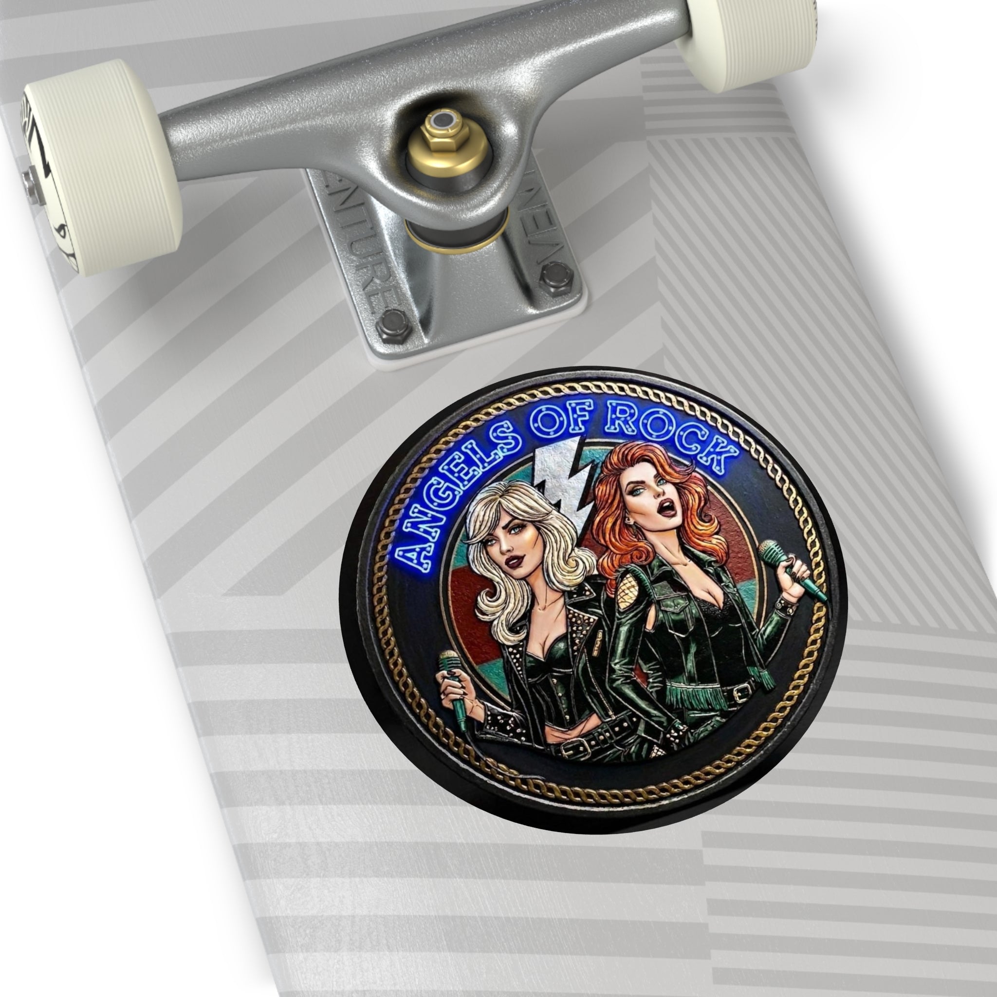 Angels of Rock Round Vinyl Sticker — Retro Female Rock Duo Design