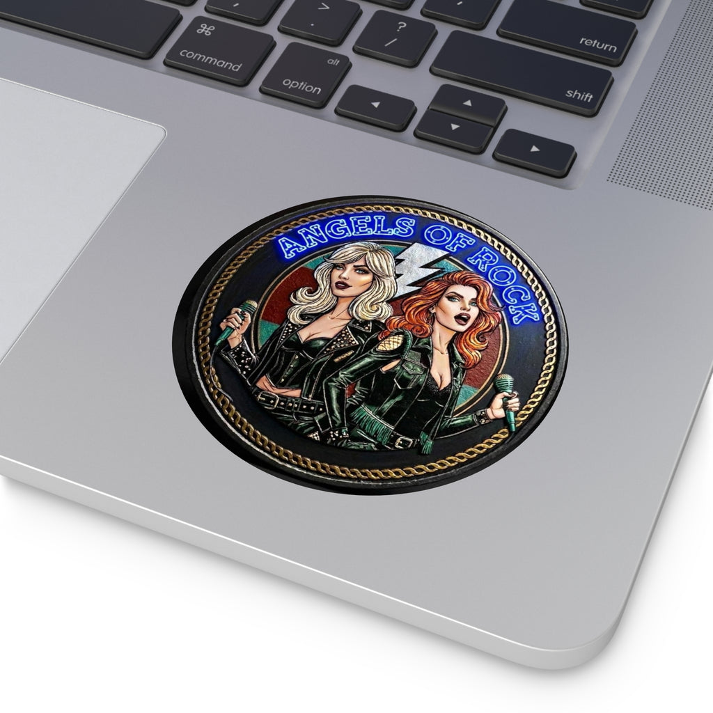 Angels of Rock Round Vinyl Sticker — Retro Female Rock Duo Design