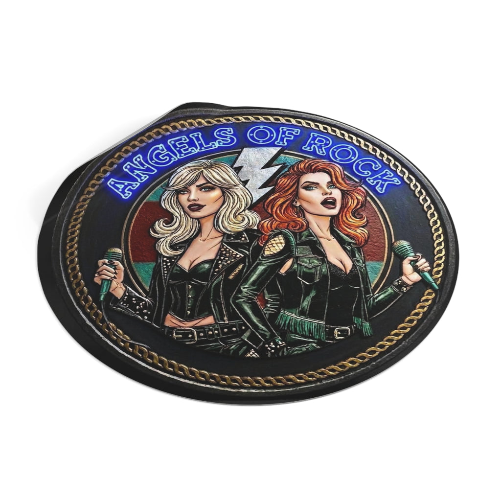 Angels of Rock Round Vinyl Sticker — Retro Female Rock Duo Design